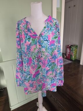 Lilly Pulitzer Pink Floral V-Neck Elsa with Blue & Green Print NWT